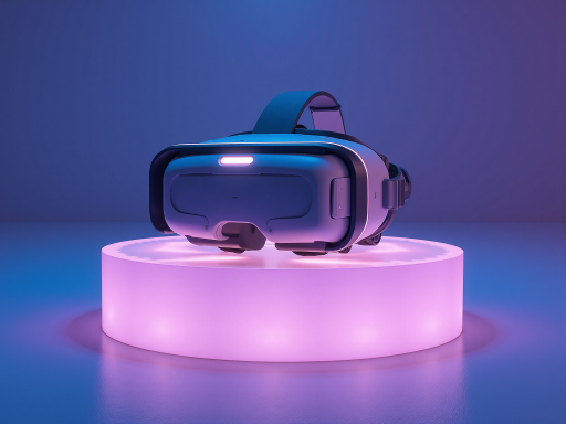 未来主义数字空间概念图，展现虚拟现实环境，充满几何图形和光影效果，蓝色紫色渐变背景，体现科技感和未来感